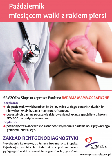 zdjęcie przedstawia plakat, na którym widnieje napis: Październik miesiącem walki z rakiem piersi oraz informacje dotyczące badań mammograficznych (opracowanie: SPMZOZ w Słupsku)